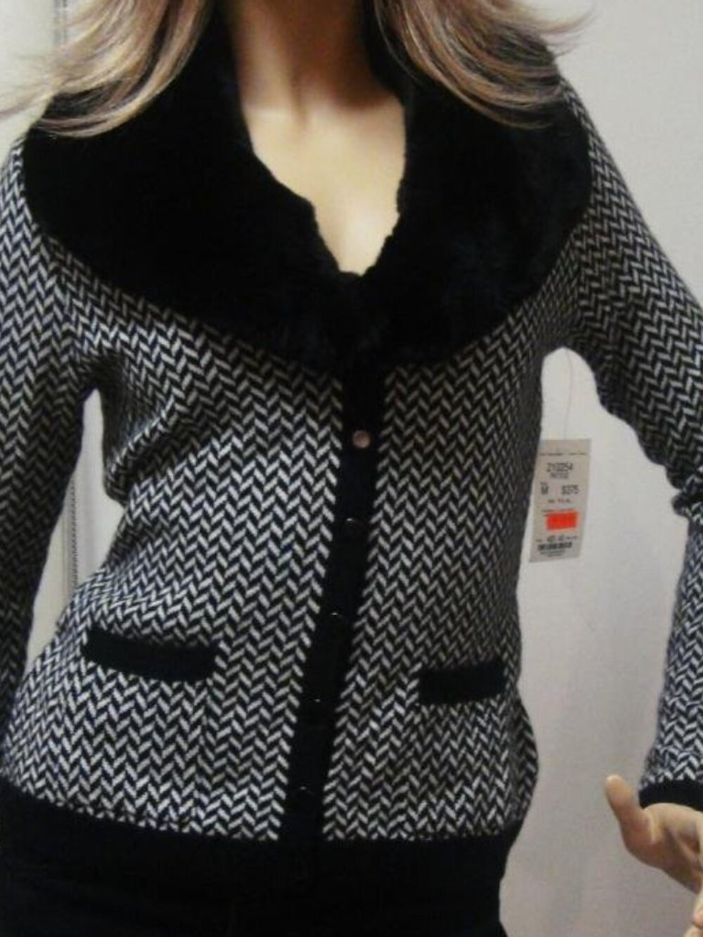 Etcetera Wool Cashmere Blend Cardigan Jacket Detachable Fur Collar Chevron M NWT